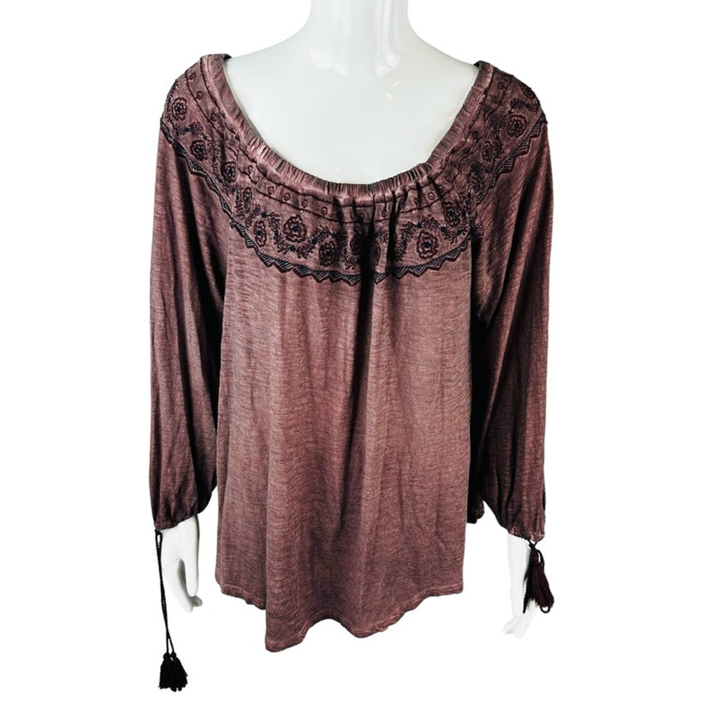 New Vintage America‎ Womans Sz Medium Blouse 3/4 Sleeve Embroidered Wine NWT